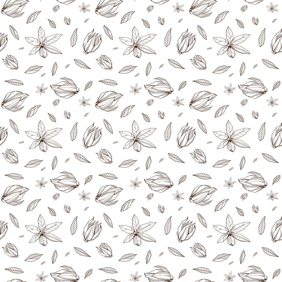 Dense Seamless pattern with Outlined hand drawind geometrical blossoming flower. Ylang-Ilang textile vector print