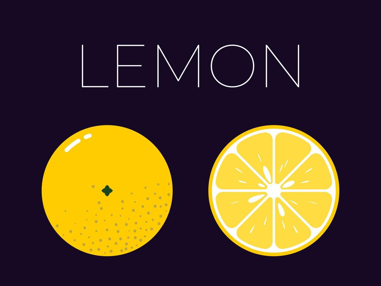 Lemon and sliced half of lemon with fruit name above. Vitamin citrus fruit. Flat isolated vector on dark background