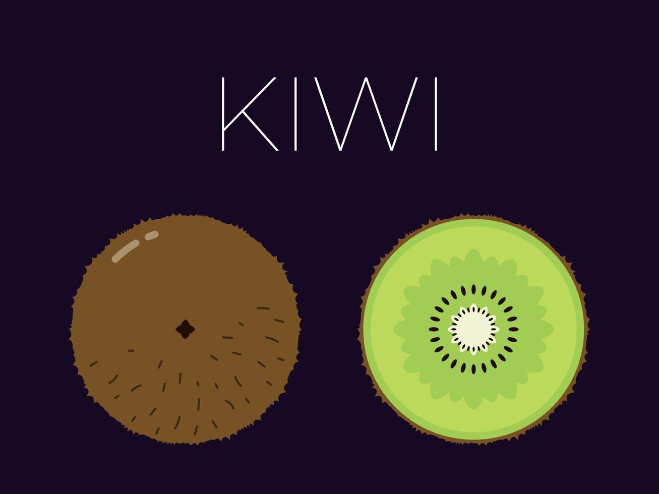 Kiwi and sliced half of kiwi with fruit name above. Vitamin citrus fruit. Flat isolated vector on dark background