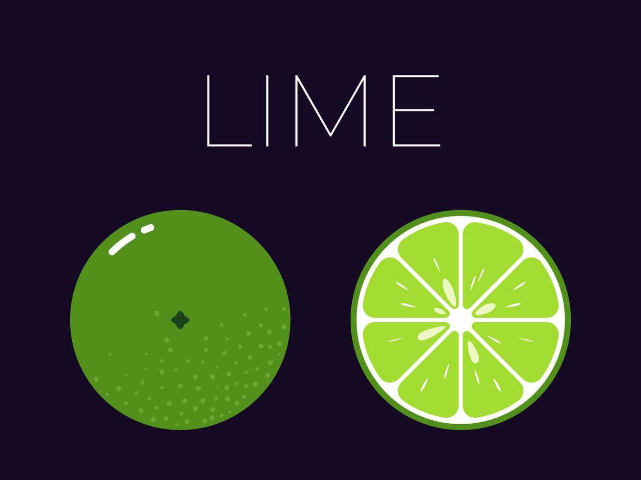 Lime and sliced half of lime with fruit name above. Vitamin citrus fruit. Flat isolated vector on dark background