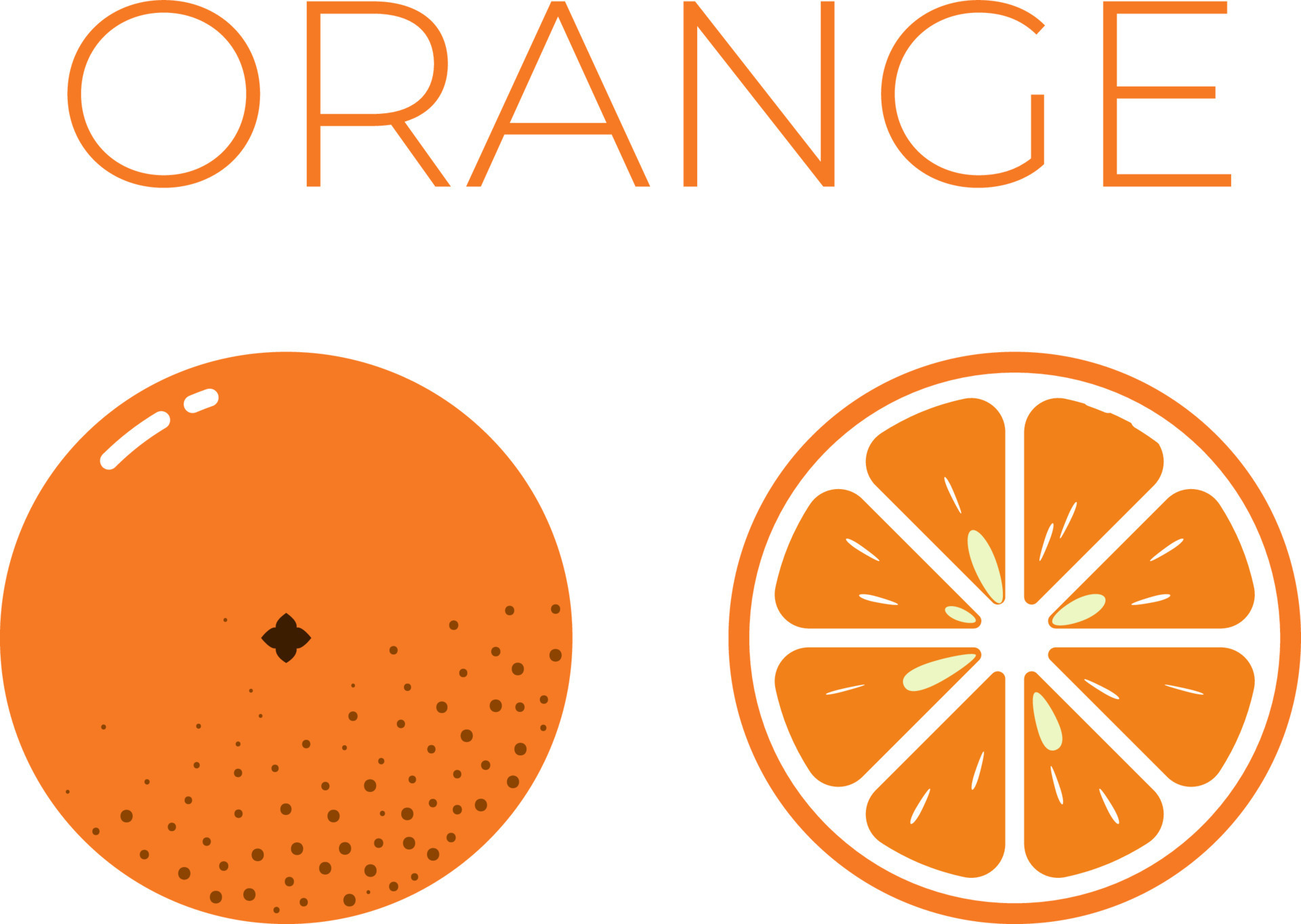 Orange and sliced half of orange with fruit name above. Vitamin citrus