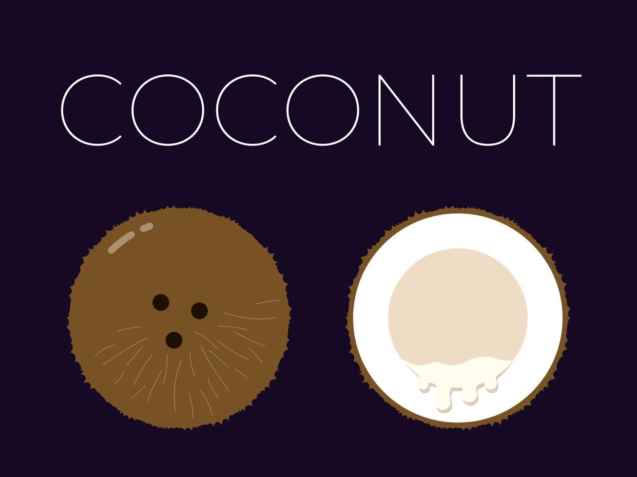 coco y mitad de coco en rodajas con el nombre de la fruta arriba. cítricos vitamínicos. vector plano aislado sobre fondo oscuro