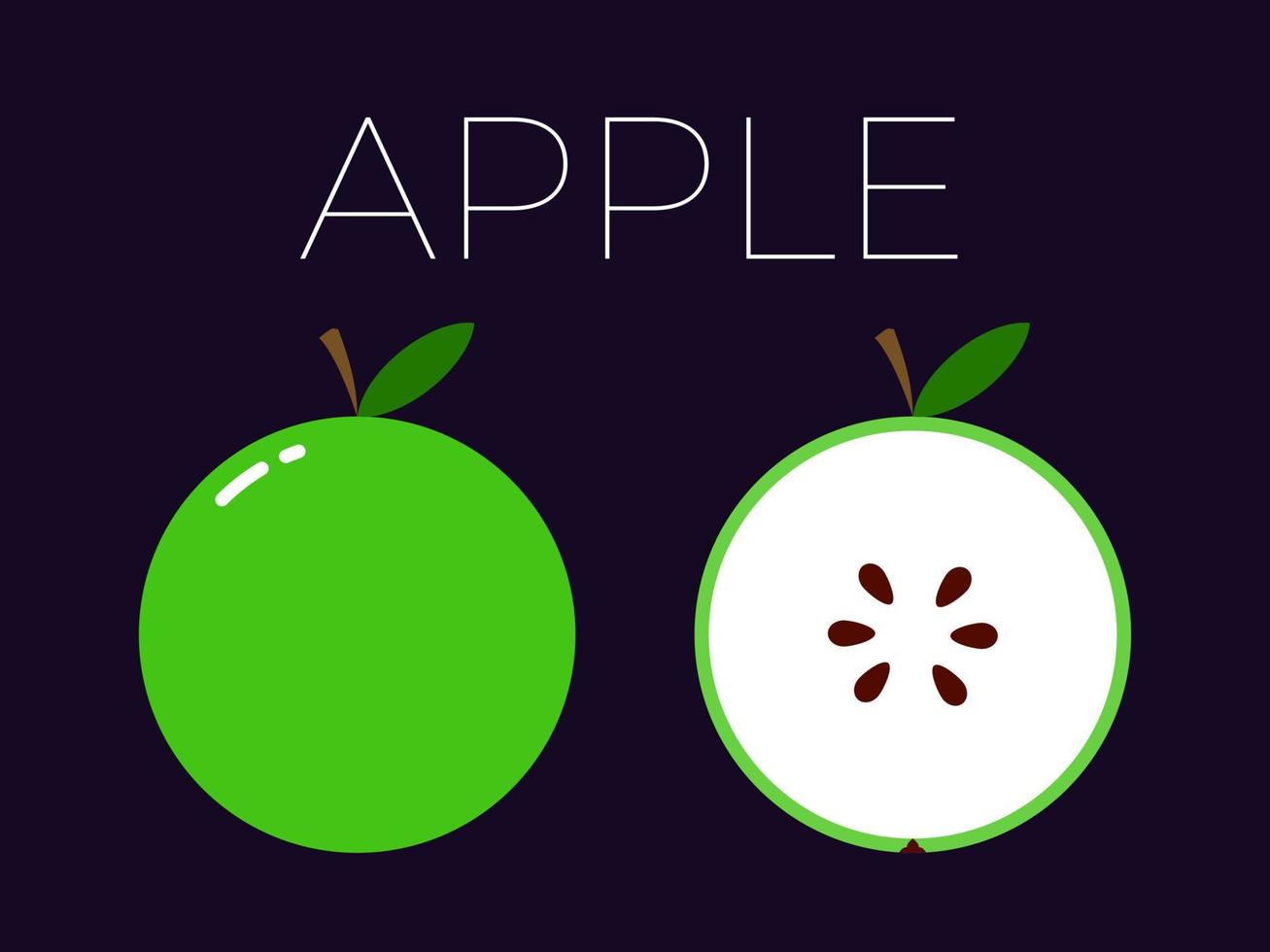 manzana verde y mitad de manzana en rodajas con el nombre de la fruta arriba. cítricos vitamínicos. vector plano aislado sobre fondo oscuro