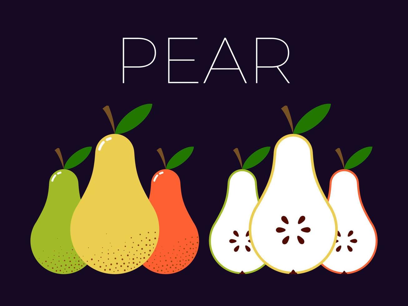 pera y la mitad de la pera en rodajas con el nombre de la fruta arriba. cítricos vitamínicos. vector plano aislado sobre fondo oscuro