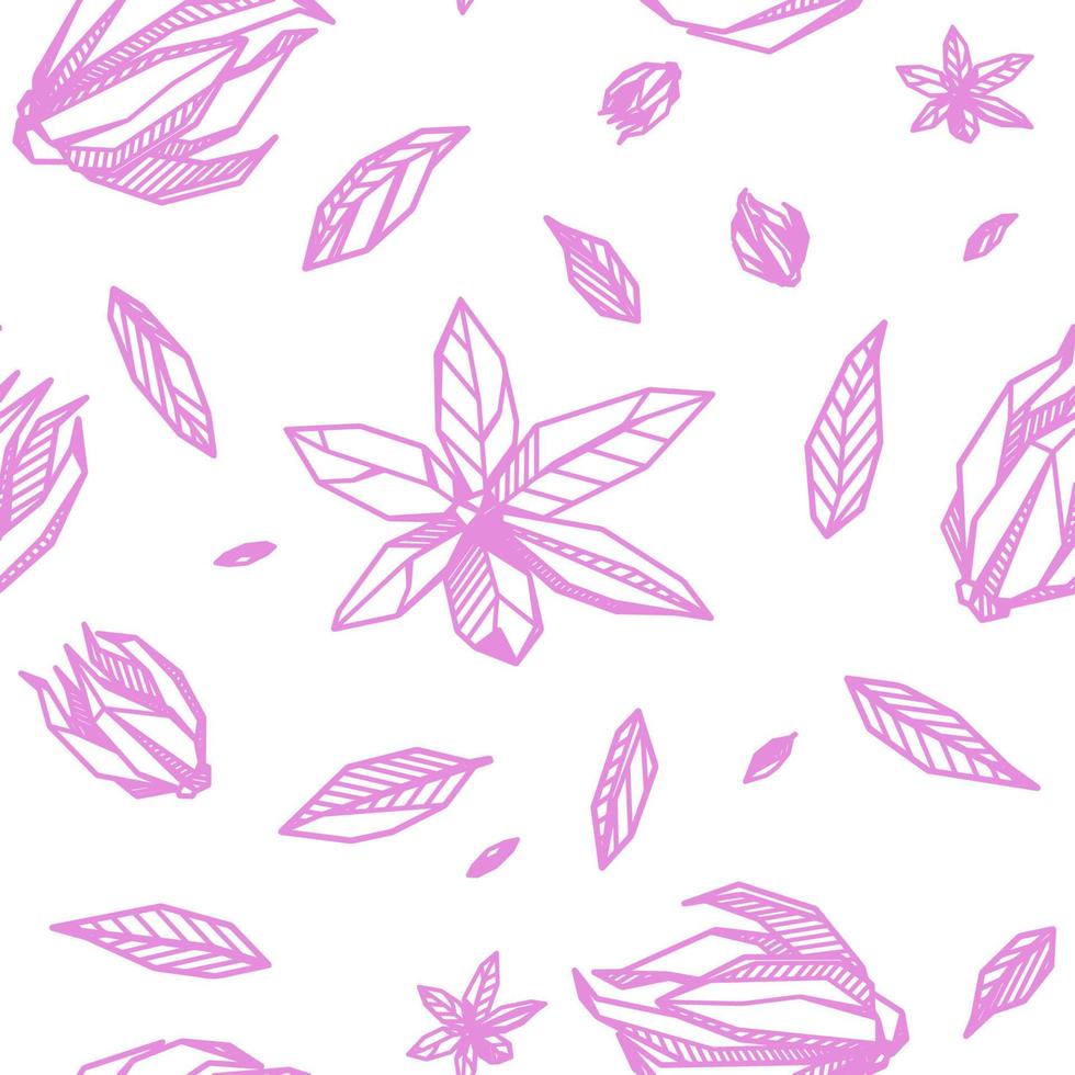 Pink large Seamless pattern with Outlined hand drawind geometrical blossoming flower. Ylang-Ilang textile vector print