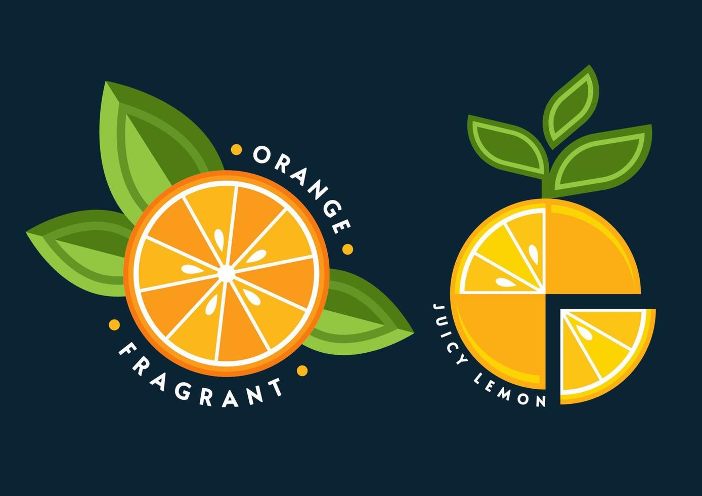 Set of logos, emblems, badges with orange, lemon, green leaves, fruit slices. Good for decoration of food packaging, groceries, agriculture stores, advertising. Flat style vector