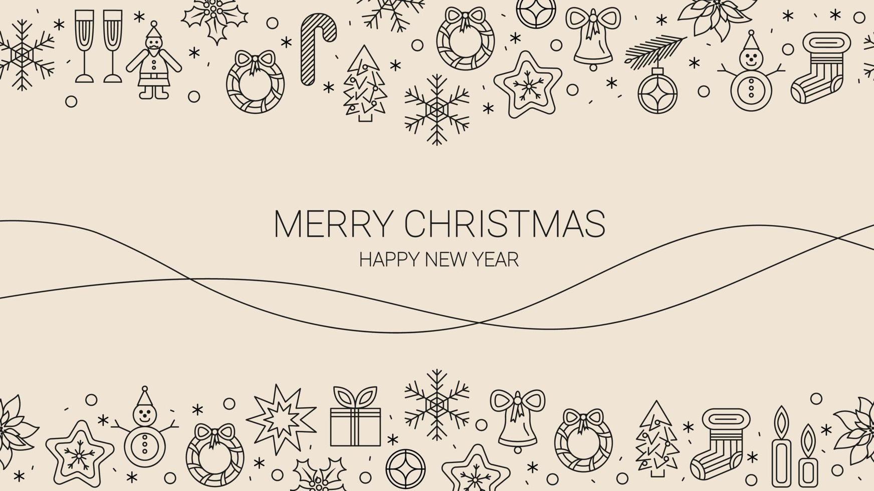 Christmas banner background with linear icons. Dark contour on beige background. Vector. vector