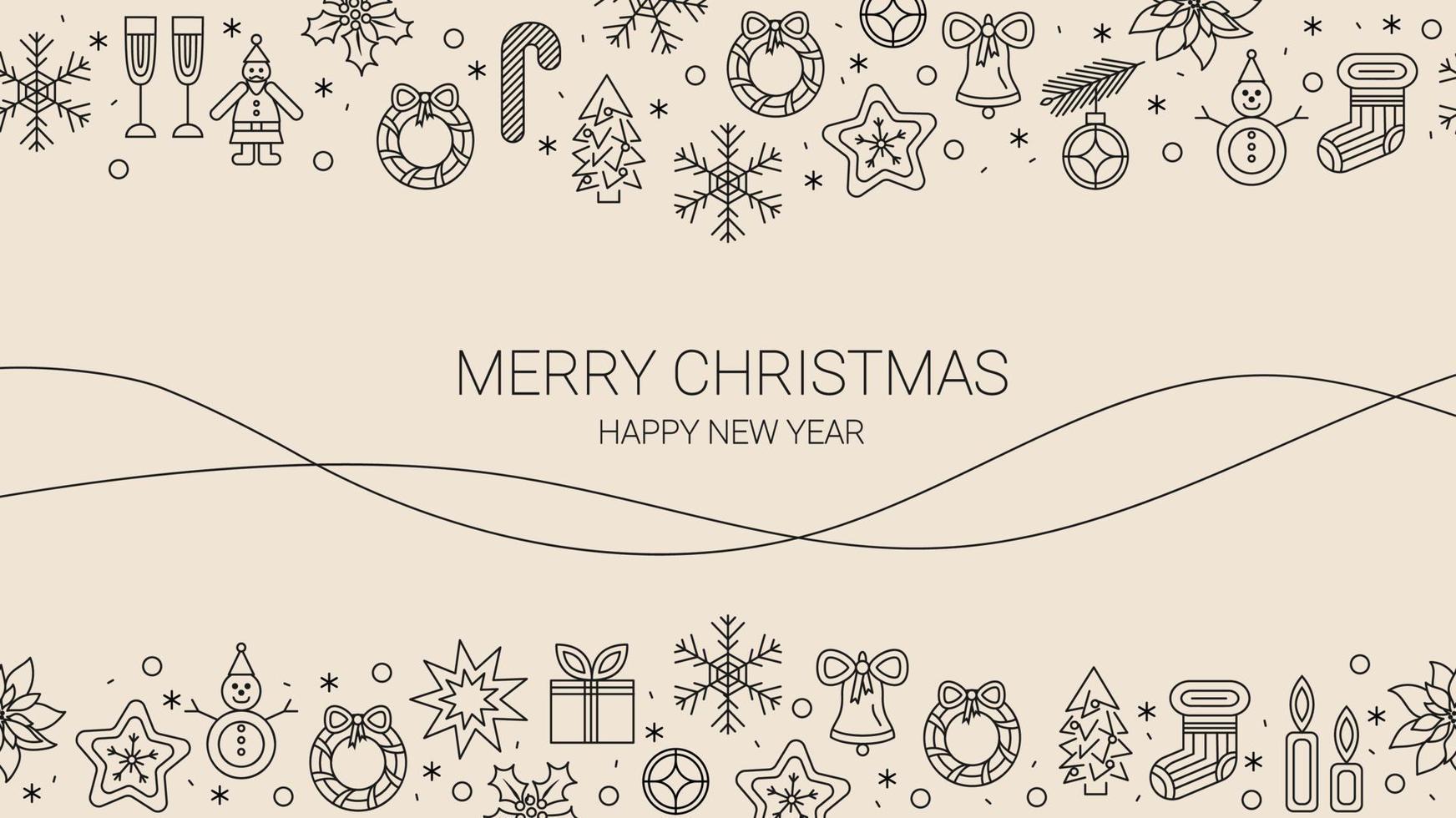 fondo de banner de navidad con iconos lineales. contorno oscuro sobre fondo beige. vector. vector