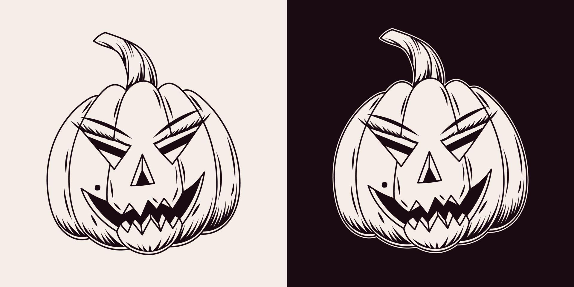 Halloween pumpkin with happy grinning smile, scary grimace. Stylized as female face. Traditional jack o lantern. Monochrome vector illustration isolated on a white, black background.