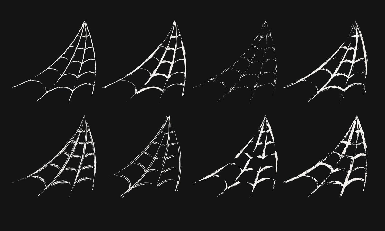 Set of hanging in a corner spider web in sketch style. Thin uneven grunge paint brush strokes, smears. Design elements for Halloween design. Spooky, scary, horror halloween decor. Vector. vector