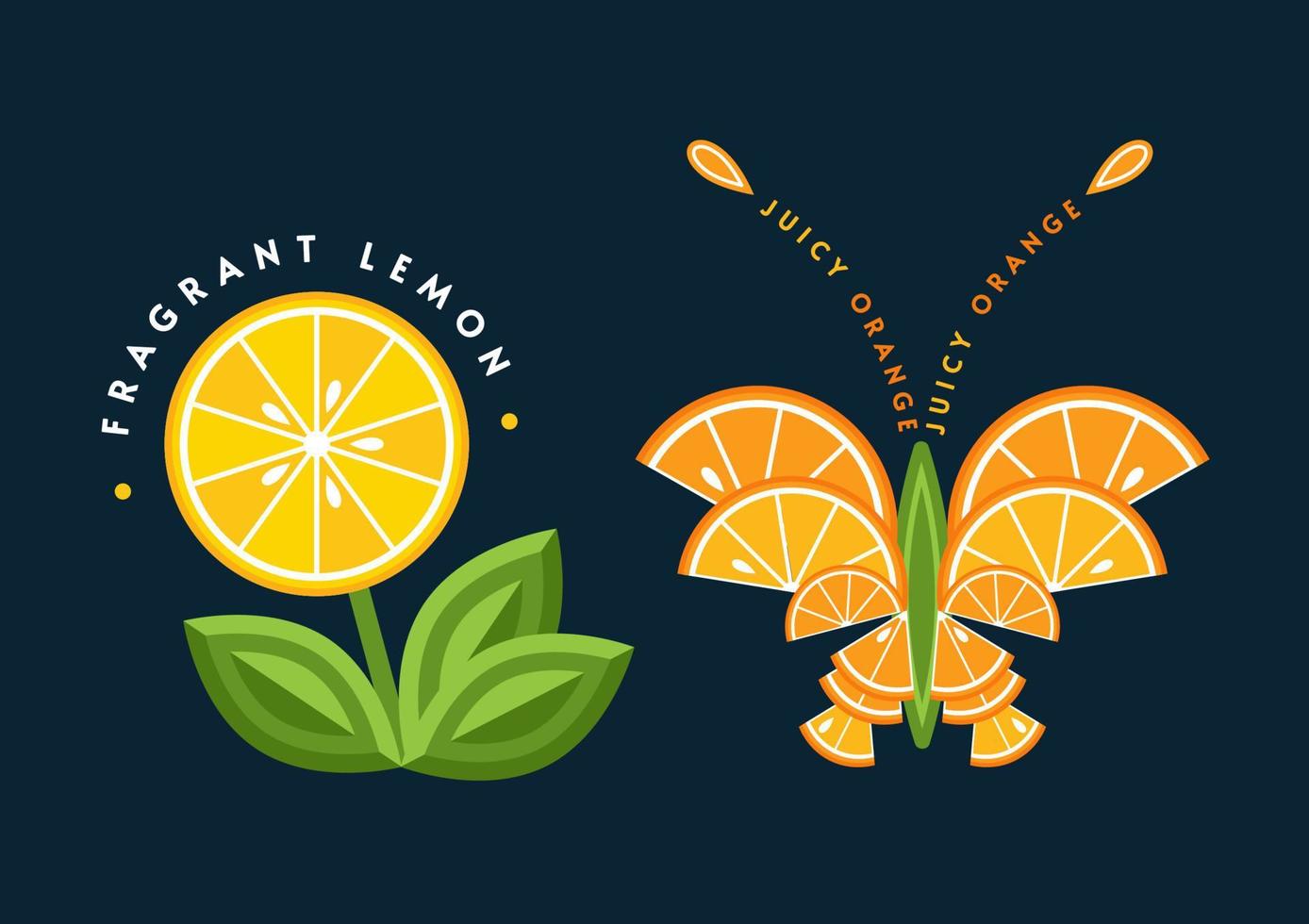 Set of logos, emblems, badges with orange, lemon, green leaves, fruit slices in a shape of butterfly, flower. Good for decoration of food packaging, groceries, agriculture stores, advertising. Flat vector