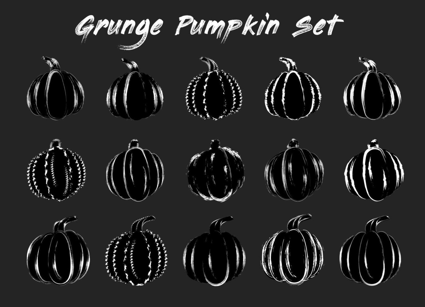 Set of 15 pumpkins in sketch style. Uneven grunge paint brush strokes, smears. Design elements with rough lines. vector