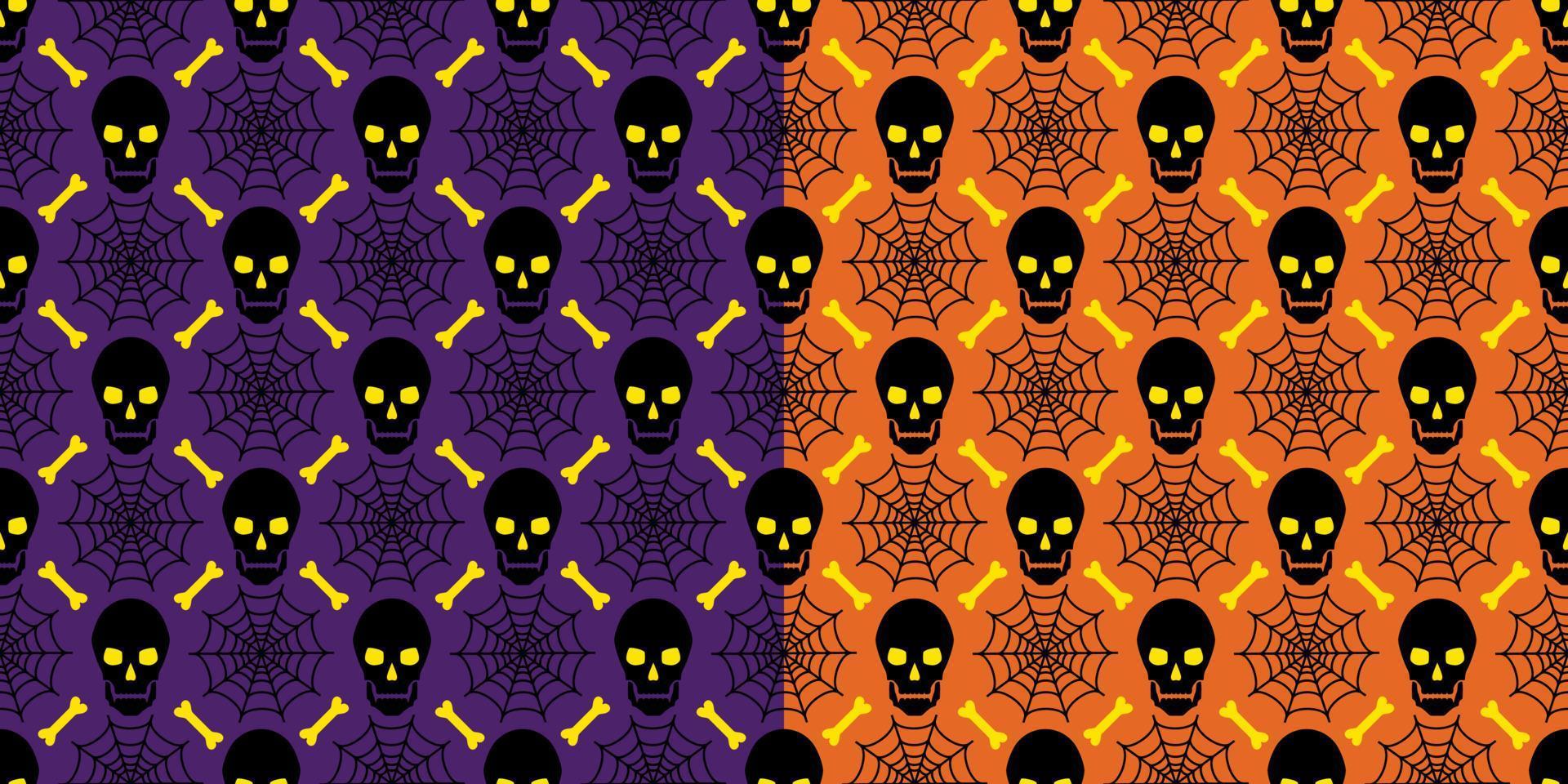 Set of geometric halloween orange and violet seamless pattern with skulls, spiderweb, bones in diagonal square grid. Vector. vector