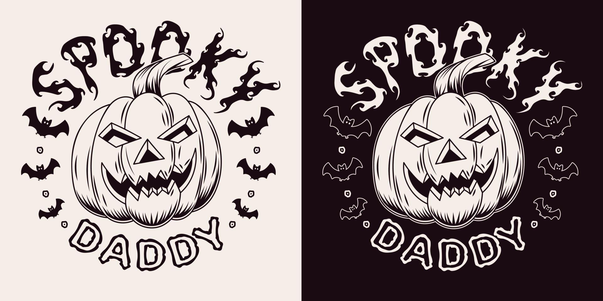 Round vintage emblem with text Spooky Daddy, silhouette of bat, pumpkin head stylized as a big male face. Holiday monochrome illustration on a dark, white background vector