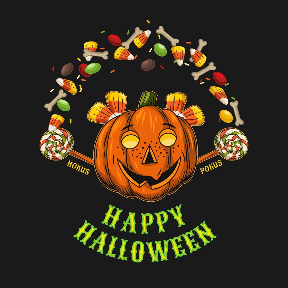 Funny emblem with text, candy, pumpkin head like mischievous little girl face with freckles. Kid tosses up candy with bones. Text Happy Halloween. Good for branding, t-shirt design. vector