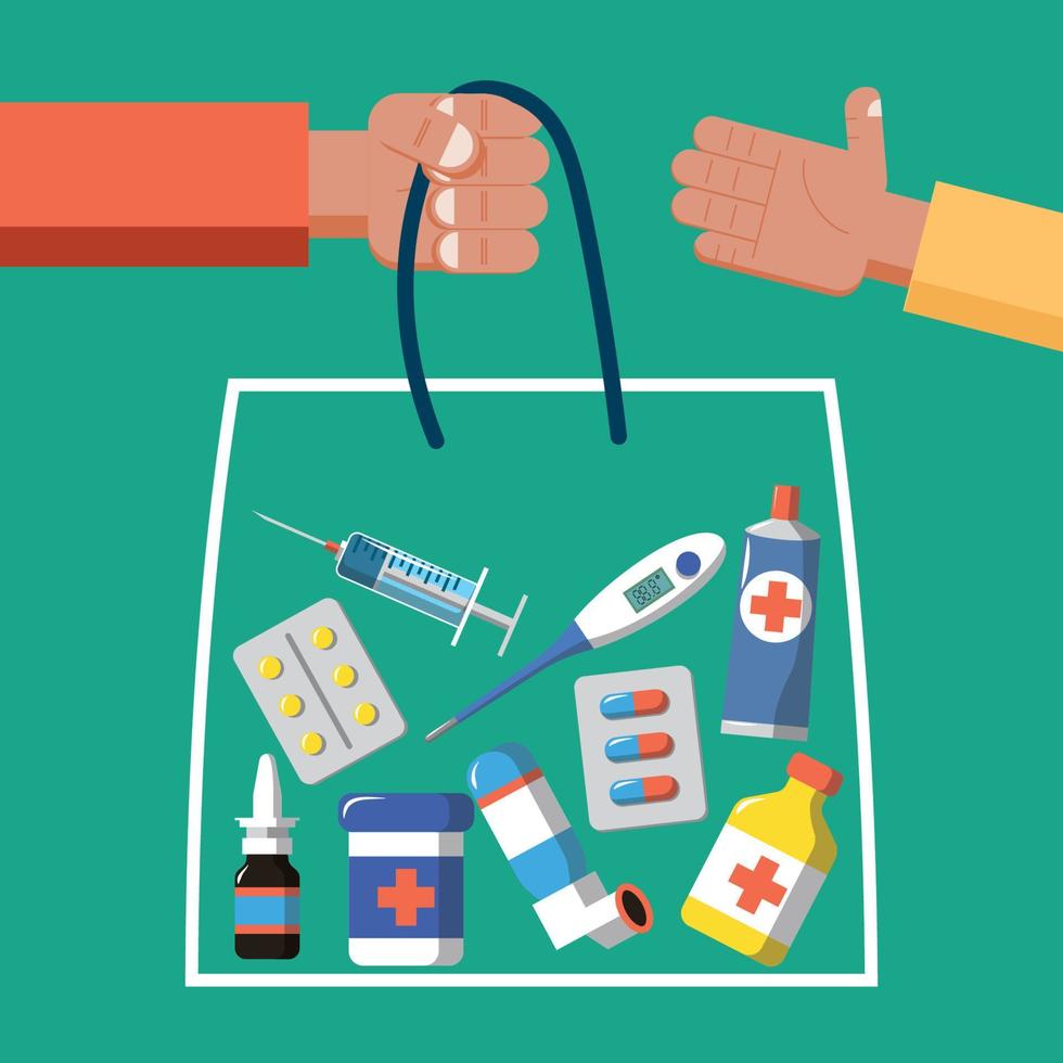 Package of medicines and vitamins. Purchase and delivery concept. flat vector illustration