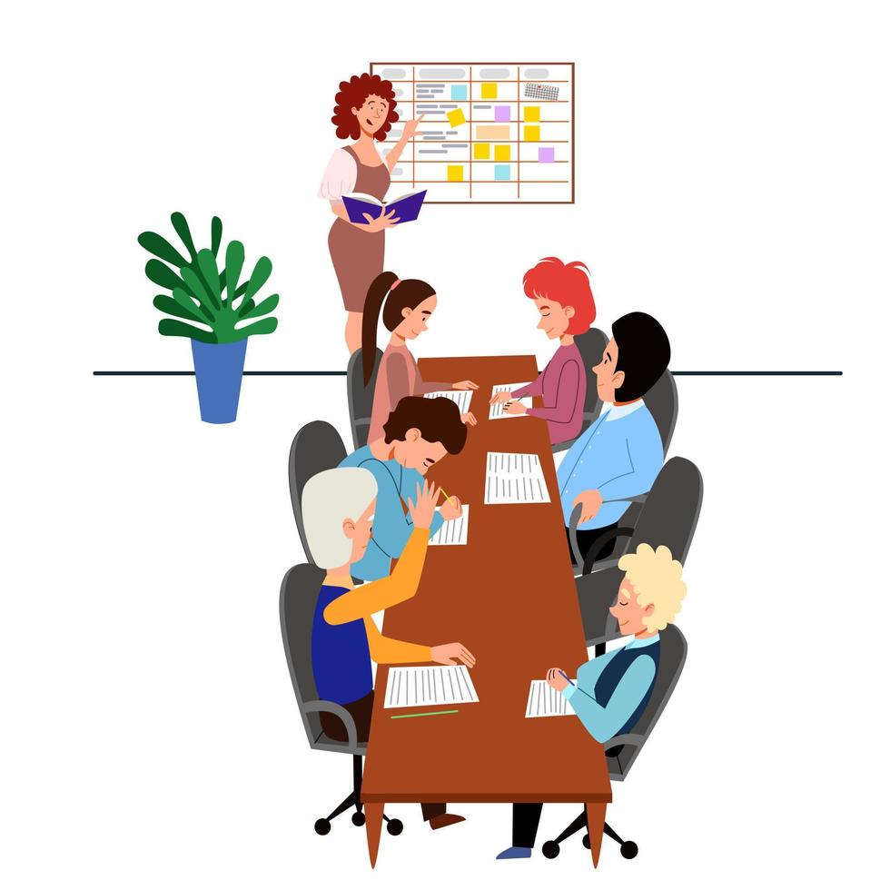 The concept of a working meeting of colleagues at the table. People s report on the topic of planning and problem solving. vector