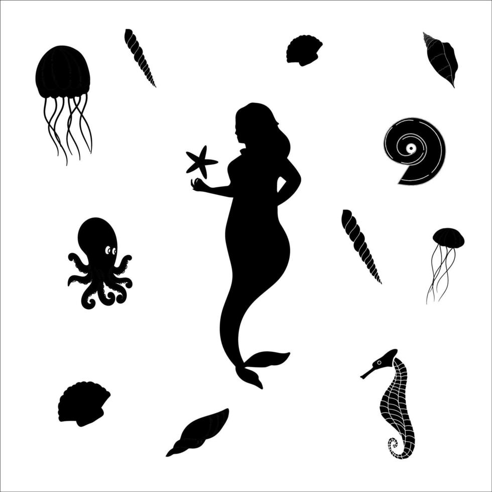 silueta de sirena y animales mar sobre fondo blanco vector