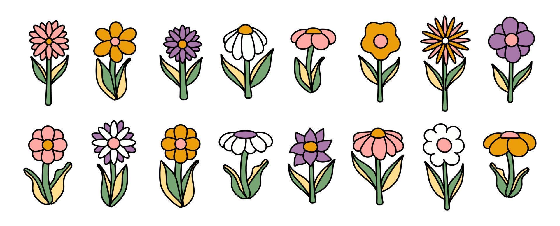 Collection of simple blooming flowers in 1970s psychedelic hippie style. Set of graphic stickers in retro design. groovy background. editable stroke isolated vector illustration