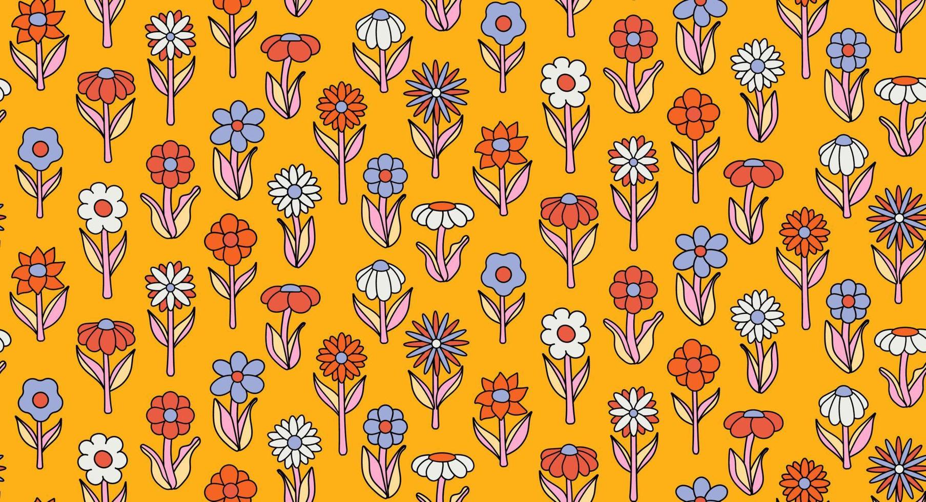groovy background. Seamless bright repeat pattern of simple blooming flowers in 1970s psychedelic hippie style. graphic decor ornament in retro design. vector illustration