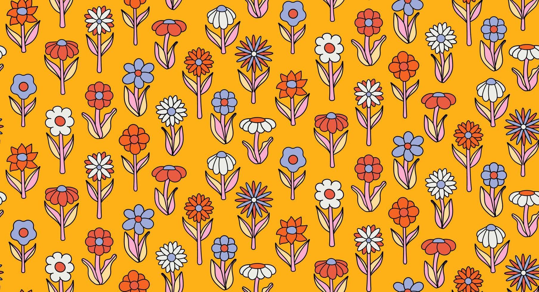 groovy background. Seamless bright repeat pattern of simple blooming flowers in 1970s psychedelic hippie style. graphic decor ornament in retro design. vector illustration