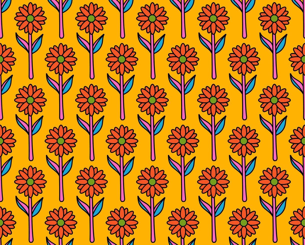 groovy background. Seamless bright repeat pattern of simple blooming flowers in 1970s psychedelic hippie style. graphic decor ornament in retro design. vector illustration