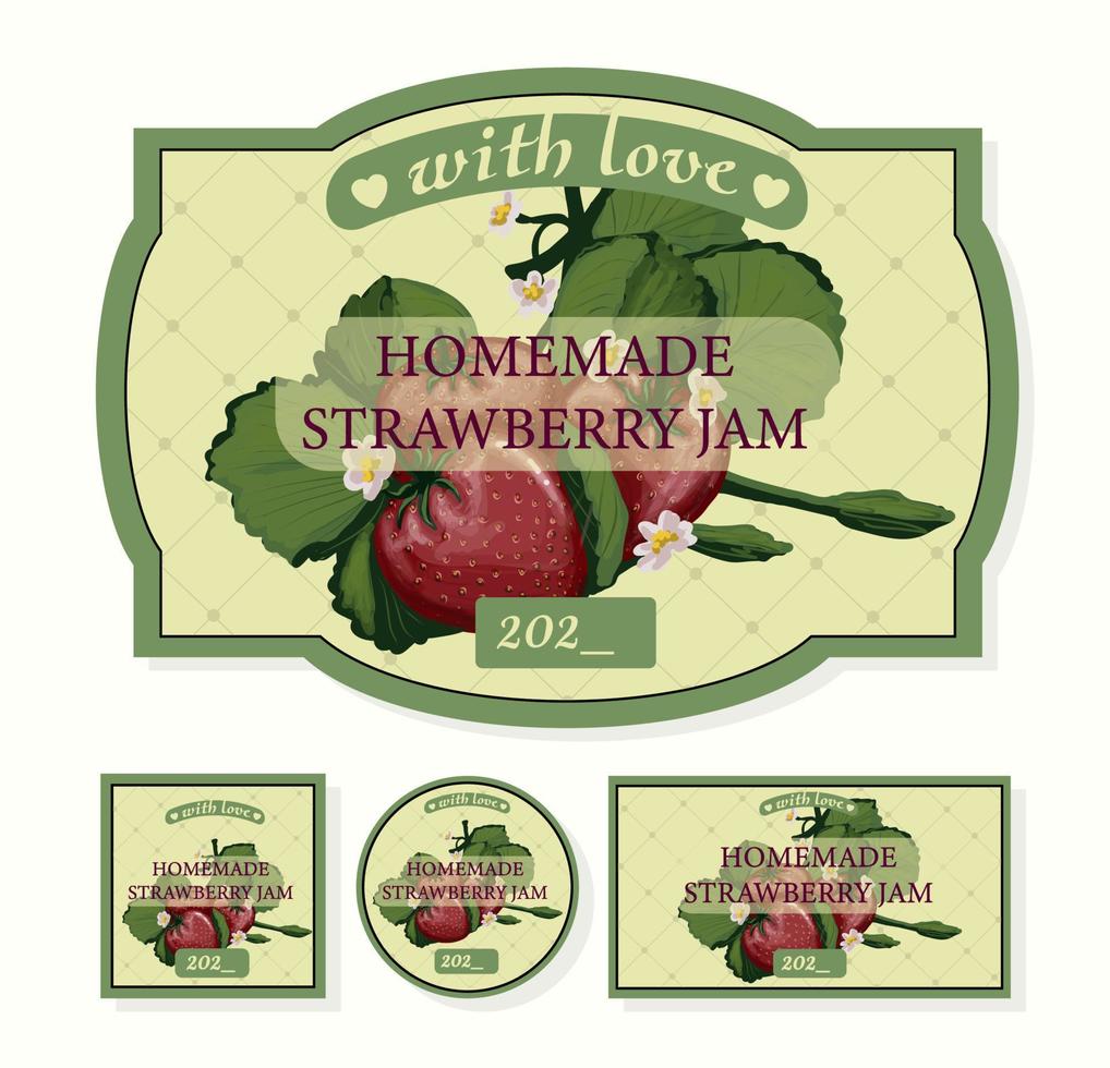 Label for homemade jam. Strawberry jam packaging. Vector strawberry.