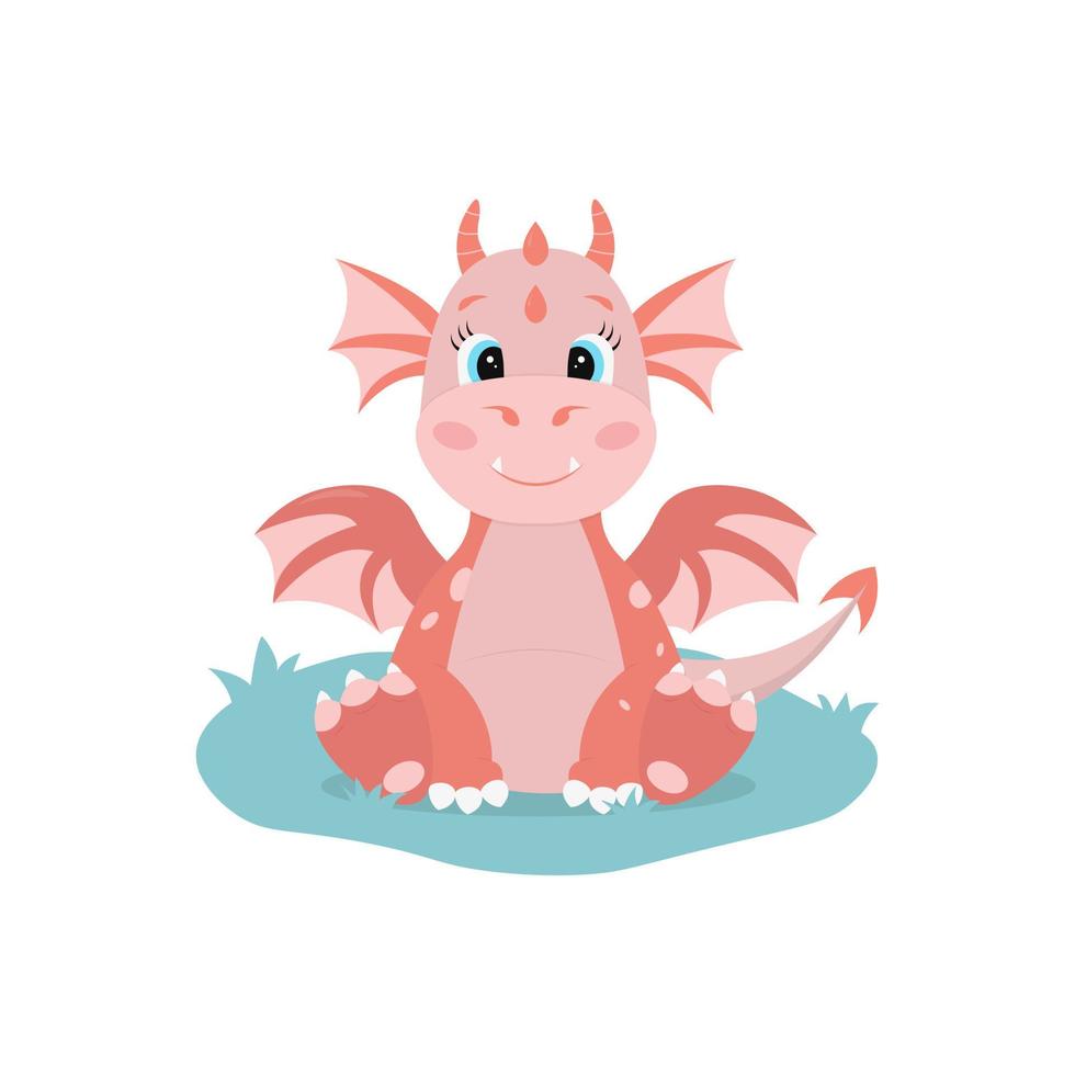 Red dragon sitting on grass. Cute cartoon character in flat style. Vector illustration on white background.