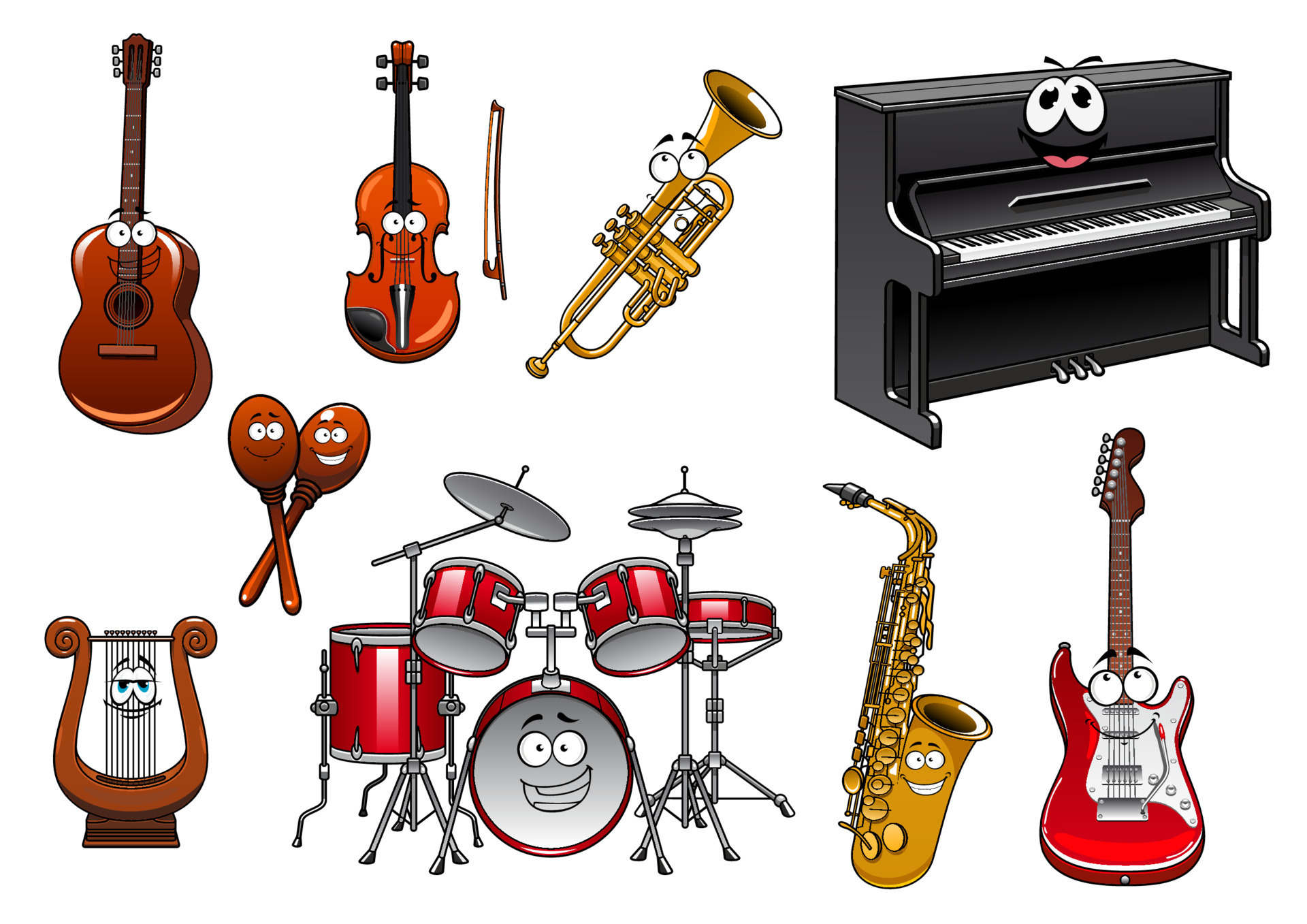 Funny musical instruments cartoon characters 11519849 Vector Art at Vecteezy