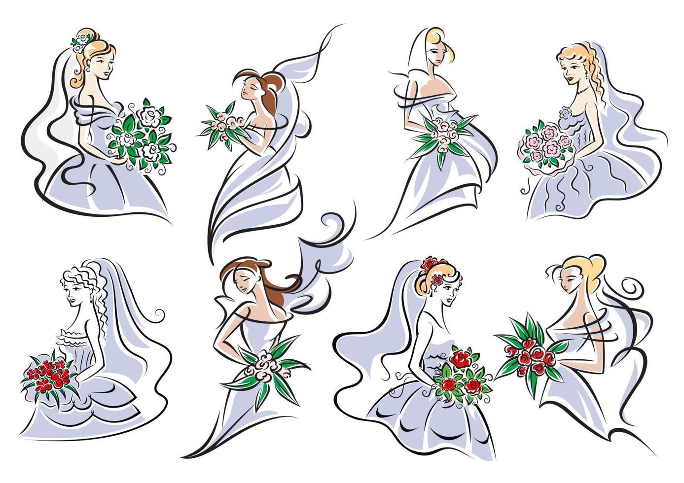 novias en vestido azul con ramo de flores vector