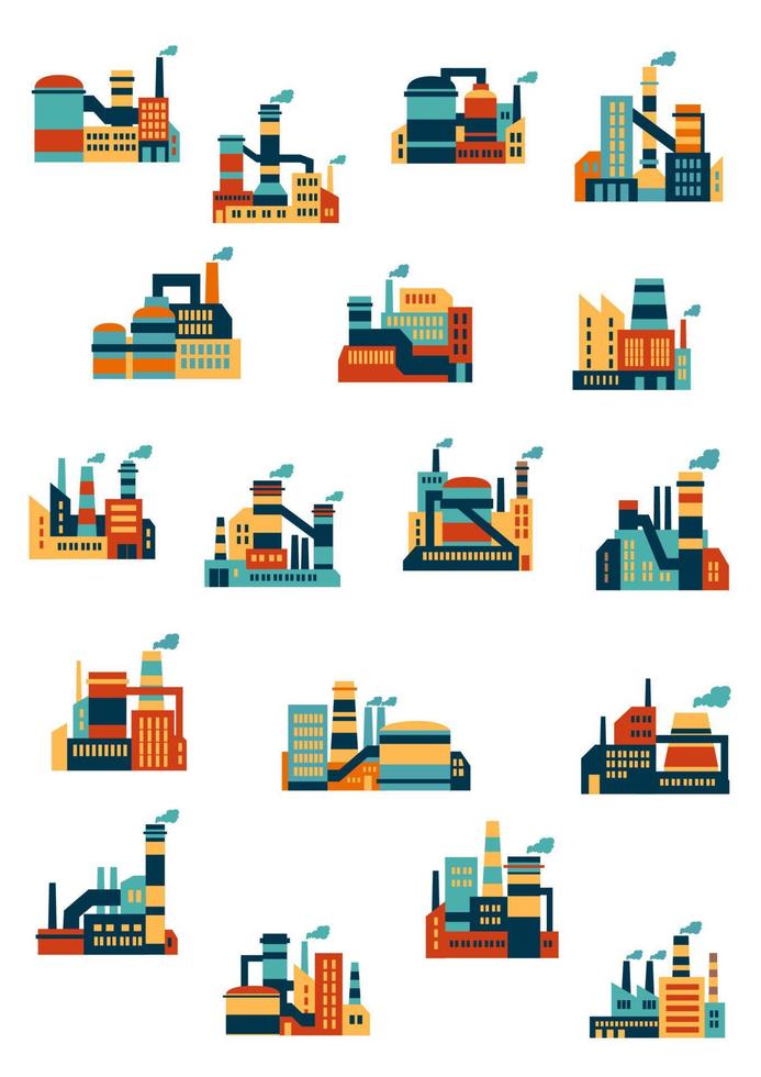 fábricas industriales y plantas iconos planos vector