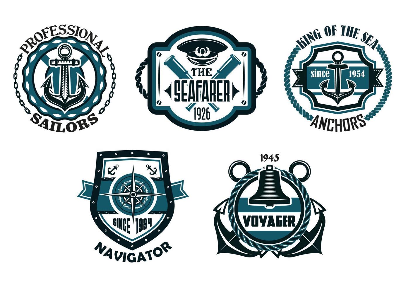 Nautical retro blue emblems with maritime symbols vector