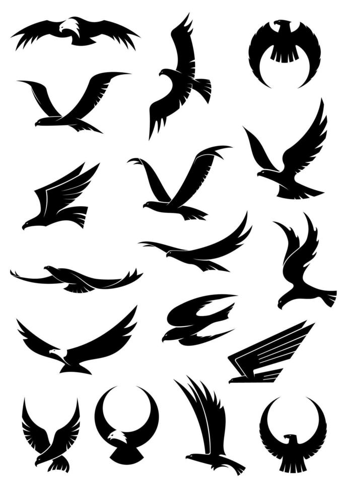 Flying eagle, falcon and hawk vector icons