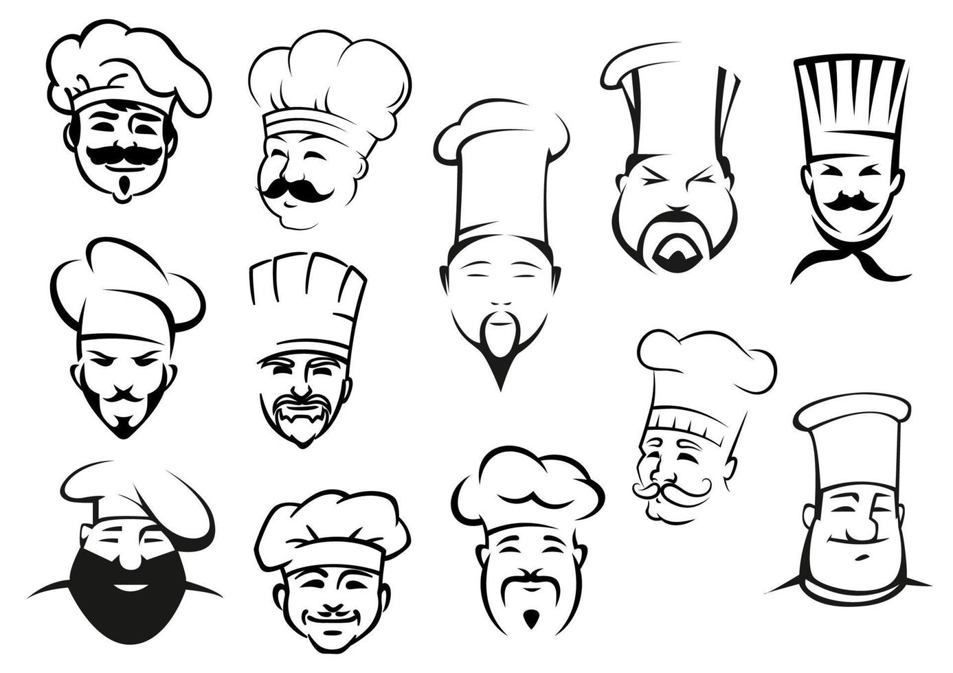 European, american and asian chefs in toques vector