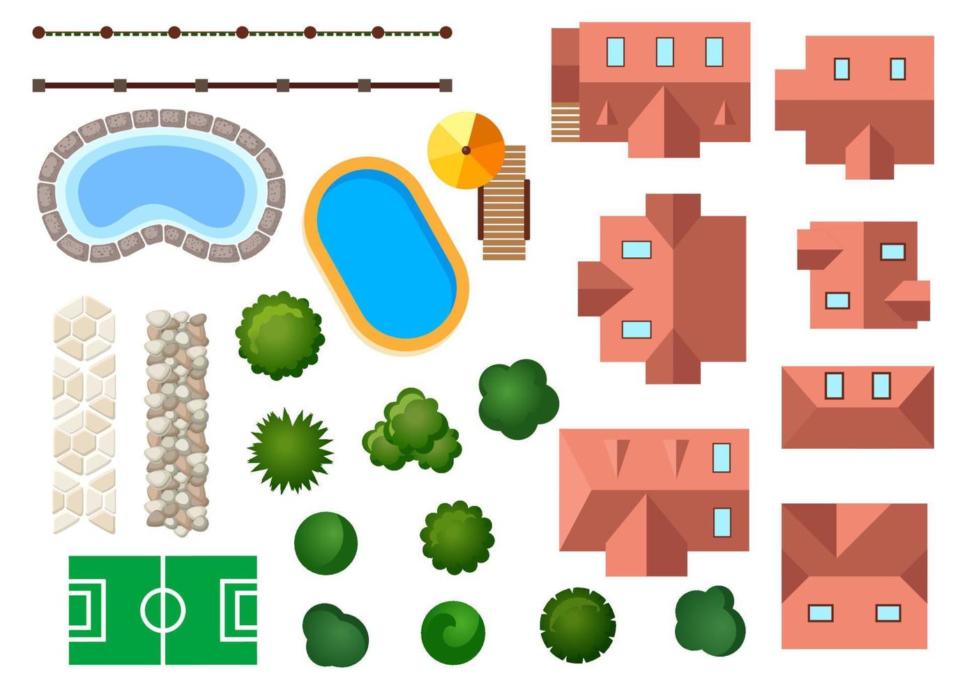 paisaje, jardín y elementos arquitectónicos vector