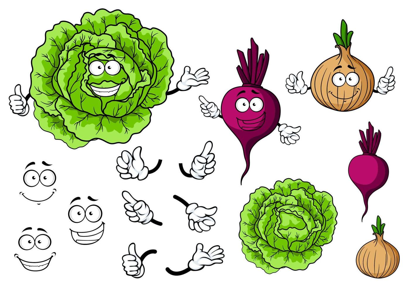 lindos dibujos animados de repollo, remolacha, personajes vegetales de cebolla vector