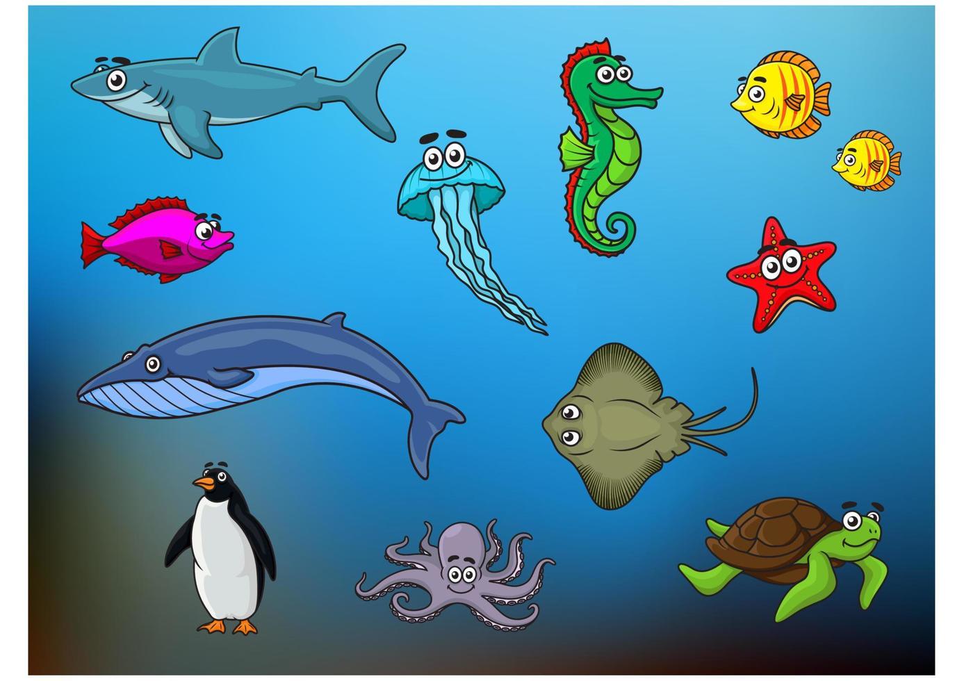 Cartoon happy smiling sea animals characters vector