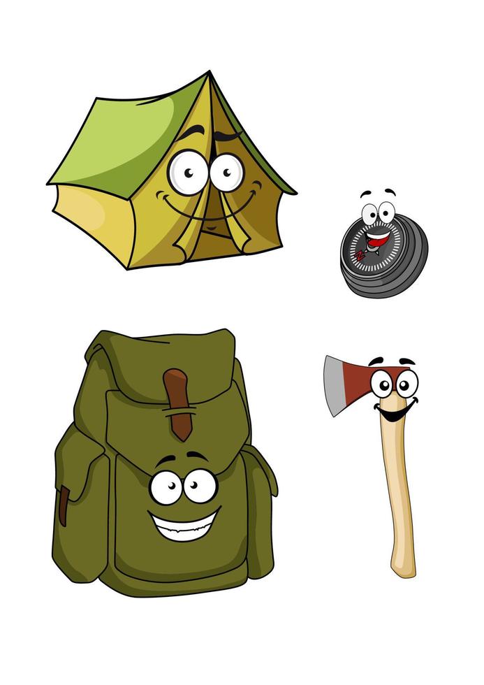 Set of cartoon camping and hiking icons vector