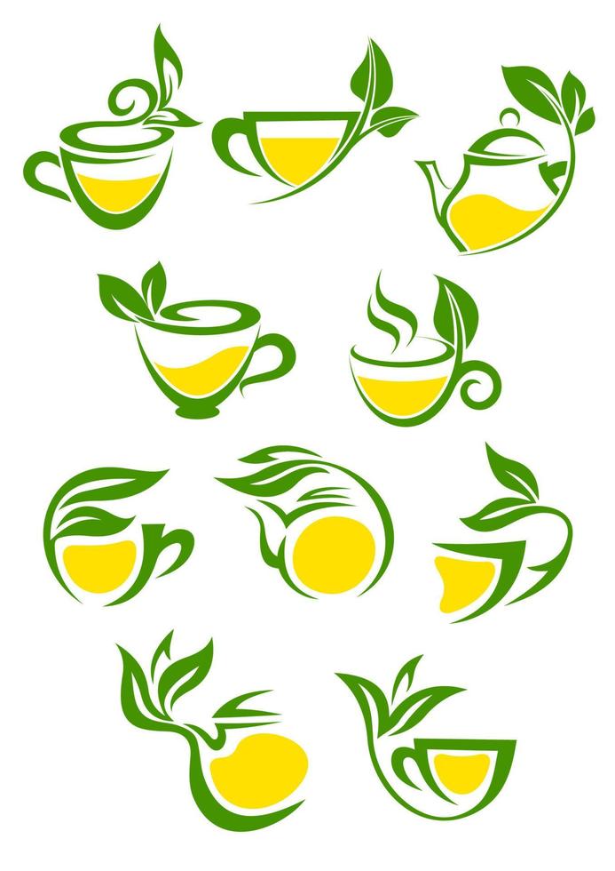 té verde o de hierbas con conjunto de iconos de limón vector