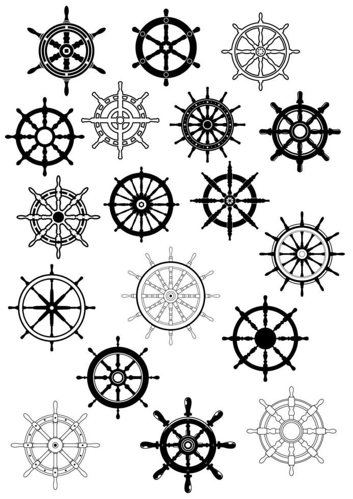 rueda de barco en conjunto de iconos de estilo retro vector