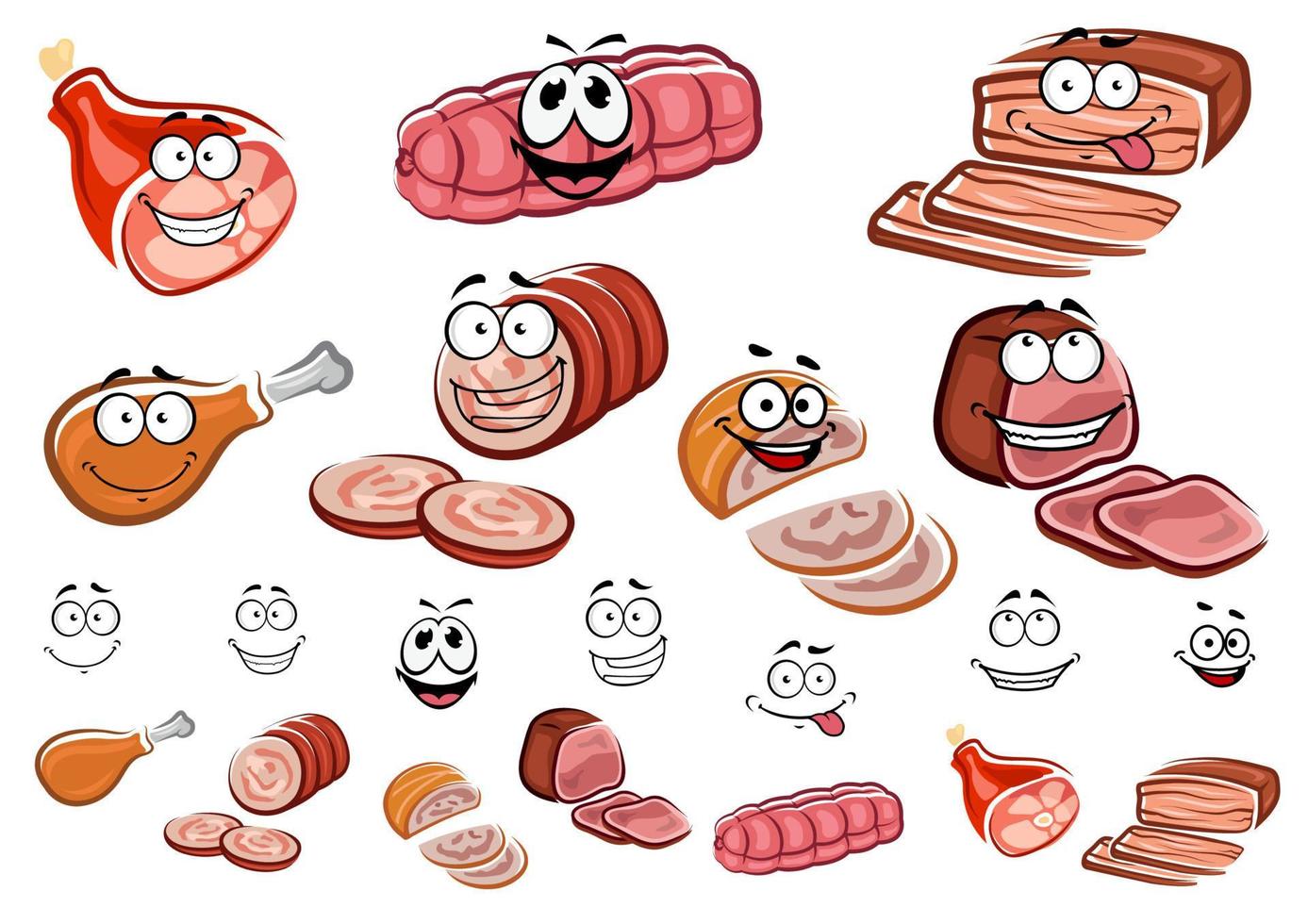 Sausages and meat cartoon characters vector