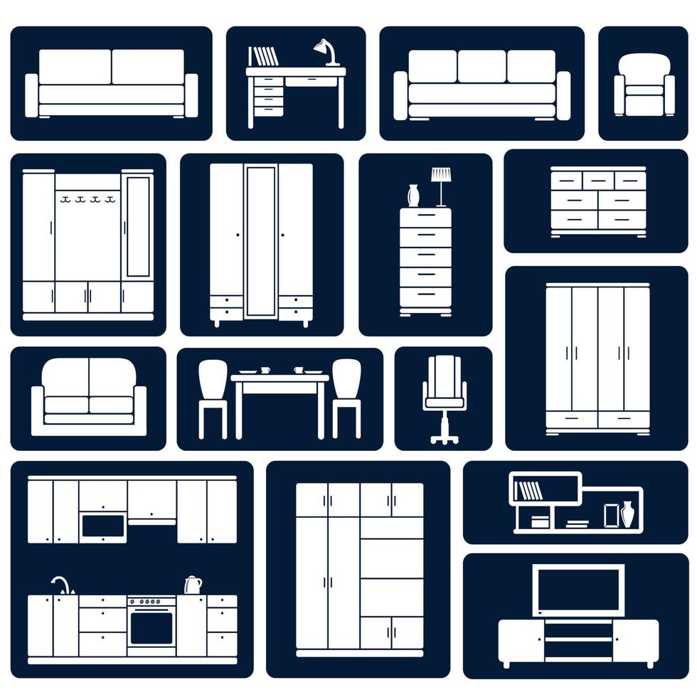 Flat office and home furniture silhouette icons vector