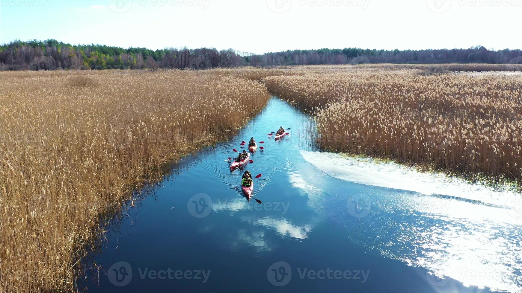 Group of people in kayaks among reeds on the autumn river. photo