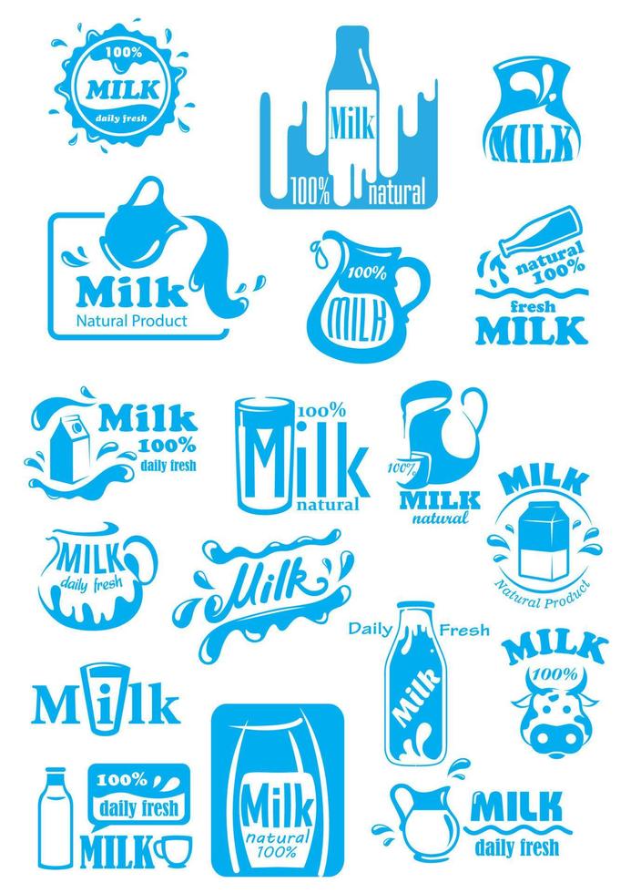 Milk blue labels and icons with splashes vector