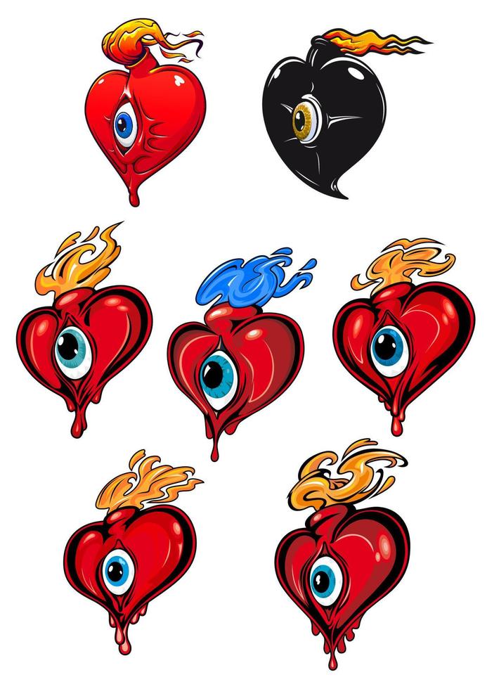 corazones de dibujos animados con ojo y llamas de fuego vector