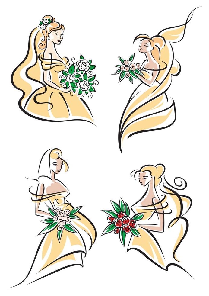 Blonde brides in doodle sketch style vector