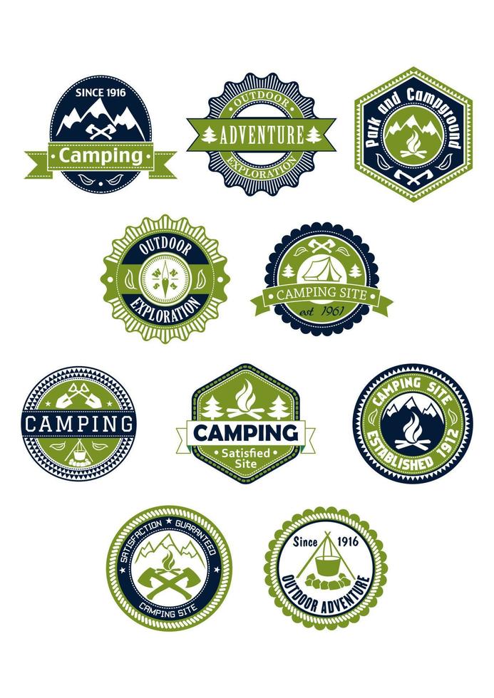 Camping and travel icons or badges vector