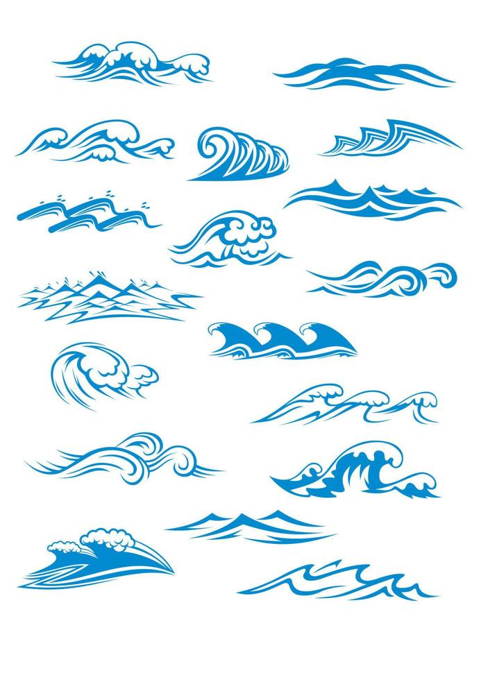 Ocean or sea waves, surf and splashes set vector