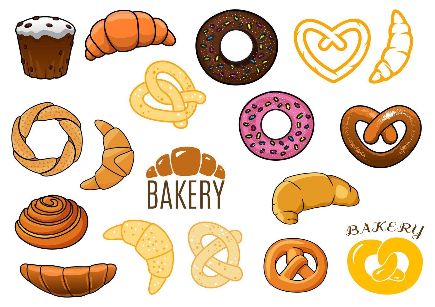 bollos, pasteles, croissants, donuts, pretzels delineados y caricaturizados vector
