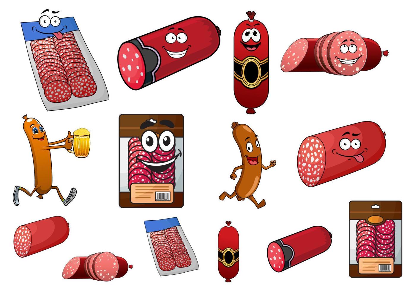 personajes de dibujos animados de wurst, salchichas y salami vector